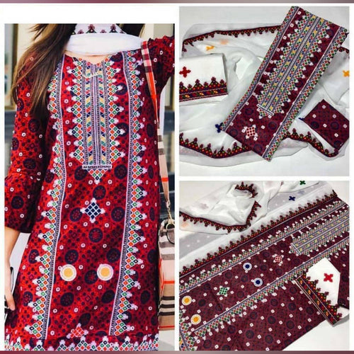 Ajrak Print Embroidery 3 Pcs Suits on Lawn with Multani Khusa
